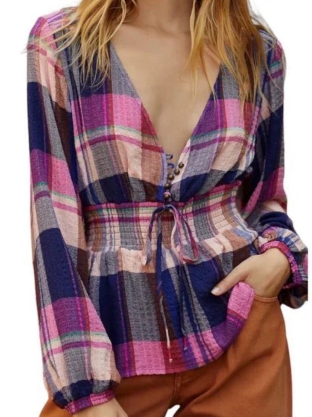 Pilcro Anthropologie Plaid Deep-V Neck Blouse